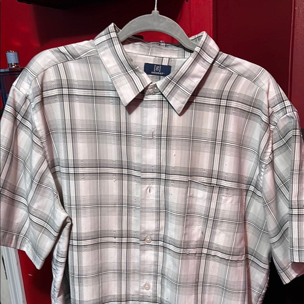 Gray and White Casual Button Down Shirt with Plaid Pattern